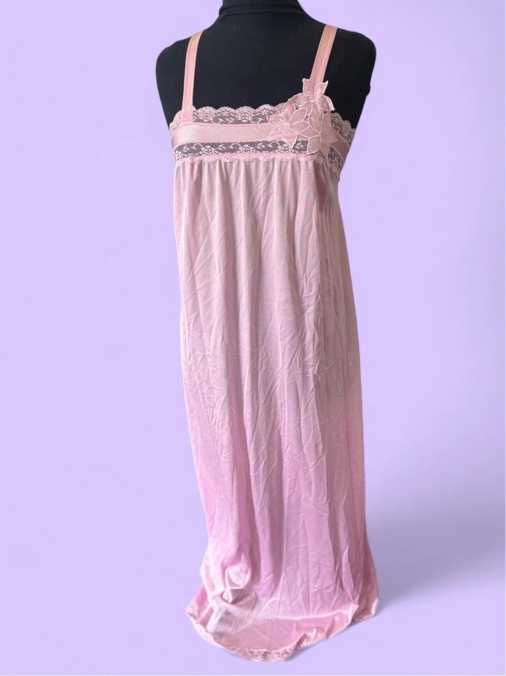 Vintage Delicate Lace-Trim Pink Nightgown